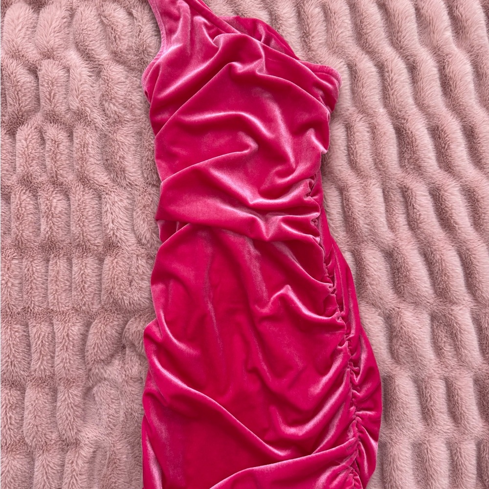 Katie J NYC Hot Pink Velvet Ruffled One-Shoulder Dress